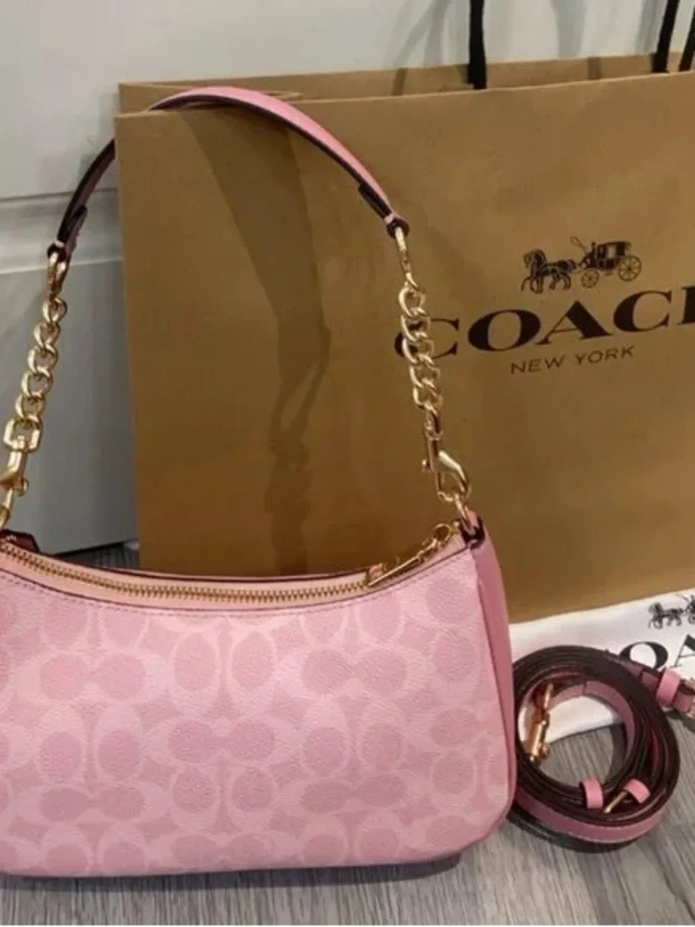 Coach Pink Signature Jacquard Small Shoulder Bag with Gold Hardware